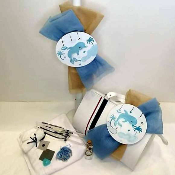 Σετ βάπτισης με βαλίτσα και θέμα το Δελφίνι, συνδυασμένο με ρούχο και παπουτσάκι