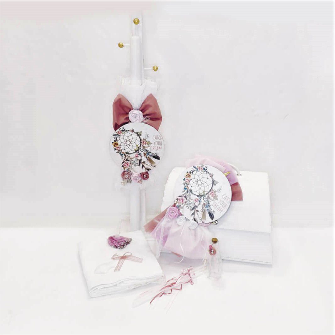 Πλήρες σετ βάπτισης με θέμα Ονειροπαγίδα με λευκή δερμάτινη βαλίτσα