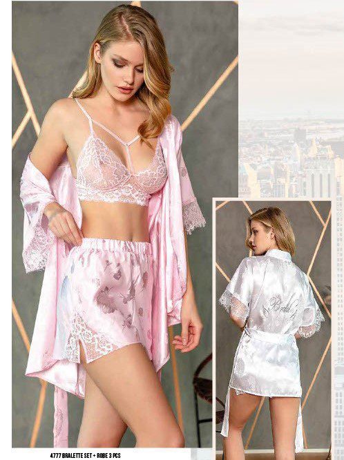 Σατέν σετ με ρόμπα με strass Bride στην πλάτη, μπούστο δαντέλα και σατέν σορτς 3τεμ. σε λευκό και nude roz